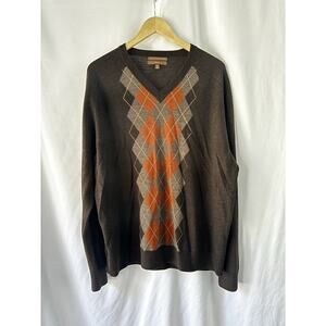Merona Men's Merino Wool Brown Pullover Size XXL Argyle Print V Neck Sweater